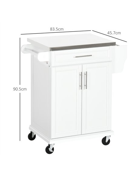HOMCOM Wooden Kitchen Island on Wheels, Serving Cart Storage Trolley with Stainless Steel Top, Drawer, Side Handle and Rack, Whi