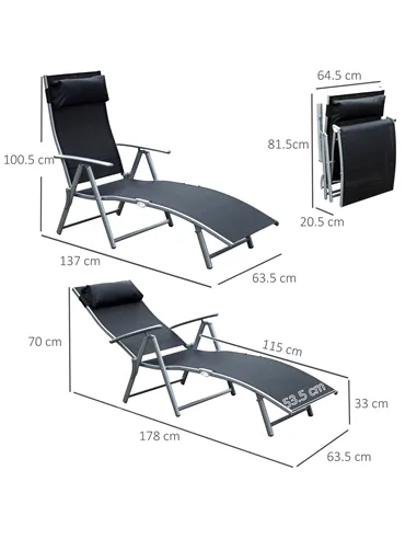 Outsunny Sun Lounger Steel Frame Outdoor Folding Chaise Texteline Lounge Chair Recliner with Headrest & 7 Levels Adjustable Back