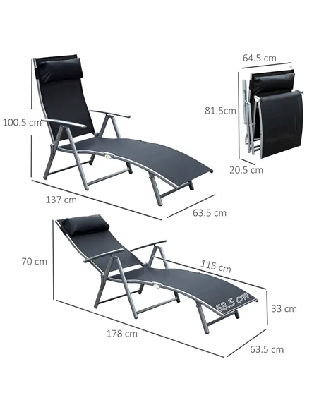Outsunny Sun Lounger Steel Frame Outdoor Folding Chaise Texteline Lounge Chair Recliner with Headrest & 7 Levels Adjustable Back