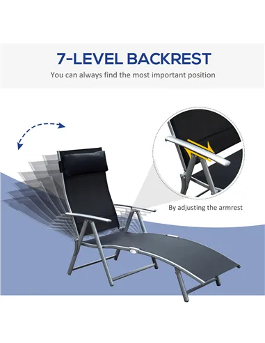 Outsunny Sun Lounger Steel Frame Outdoor Folding Chaise Texteline Lounge Chair Recliner with Headrest & 7 Levels Adjustable Back