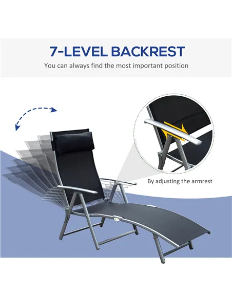Outsunny Sun Lounger Steel Frame Outdoor Folding Chaise Texteline Lounge Chair Recliner with Headrest & 7 Levels Adjustable Back
