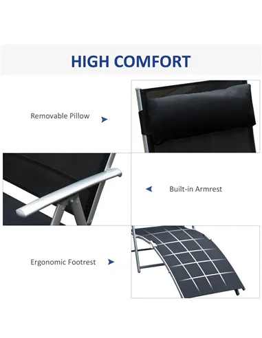 Outsunny Sun Lounger Steel Frame Outdoor Folding Chaise Texteline Lounge Chair Recliner with Headrest & 7 Levels Adjustable Back