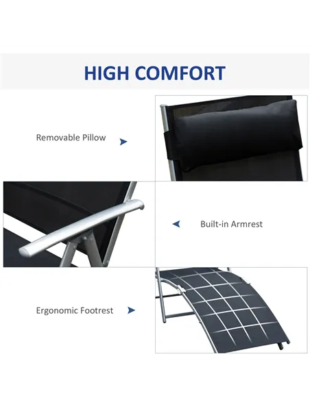 Outsunny Sun Lounger Steel Frame Outdoor Folding Chaise Texteline Lounge Chair Recliner with Headrest & 7 Levels Adjustable Back