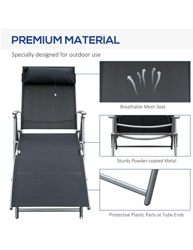 Outsunny Sun Lounger Steel Frame Outdoor Folding Chaise Texteline Lounge Chair Recliner with Headrest & 7 Levels Adjustable Back