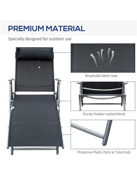 Outsunny Sun Lounger Steel Frame Outdoor Folding Chaise Texteline Lounge Chair Recliner with Headrest & 7 Levels Adjustable Back