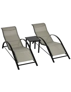 Outsunny 3 Pieces Sun Lounger Chair Set, Metal Frame Garden Outdoor Sunbathing Chair with Side Table and Armrest, Grey