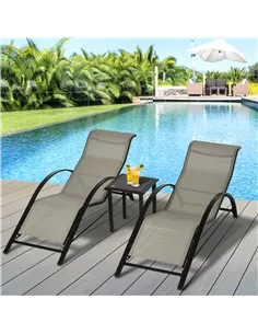 Outsunny 3 Pieces Sun Lounger Chair Set, Metal Frame Garden Outdoor Sunbathing Chair with Side Table and Armrest, Grey 2