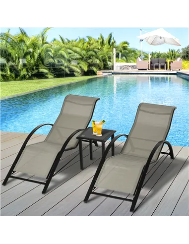 Outsunny 3 Pieces Sun Lounger Chair Set, Metal Frame Garden Outdoor Sunbathing Chair with Side Table and Armrest, Grey