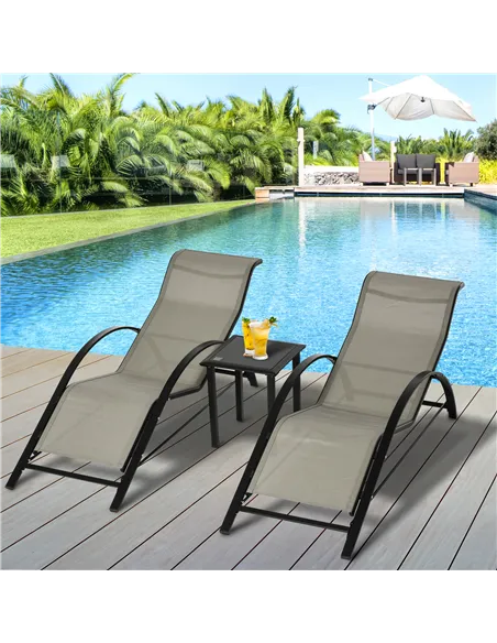 Outsunny 3 Pieces Sun Lounger Chair Set, Metal Frame Garden Outdoor Sunbathing Chair with Side Table and Armrest, Grey