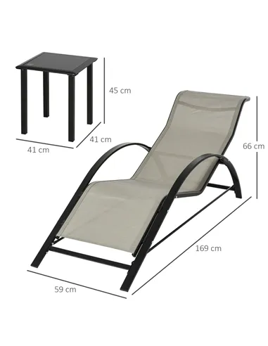 Outsunny 3 Pieces Sun Lounger Chair Set, Metal Frame Garden Outdoor Sunbathing Chair with Side Table and Armrest, Grey