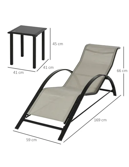 Outsunny 3 Pieces Sun Lounger Chair Set, Metal Frame Garden Outdoor Sunbathing Chair with Side Table and Armrest, Grey