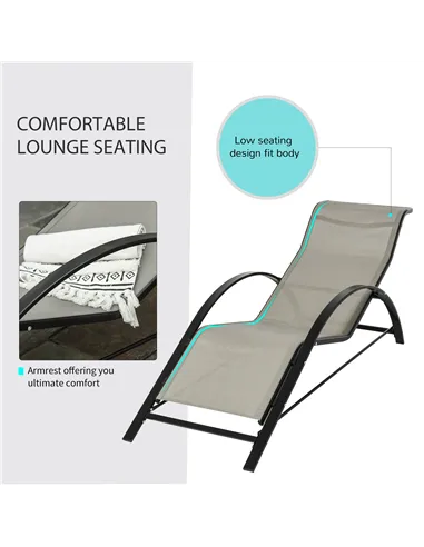Outsunny 3 Pieces Sun Lounger Chair Set, Metal Frame Garden Outdoor Sunbathing Chair with Side Table and Armrest, Grey