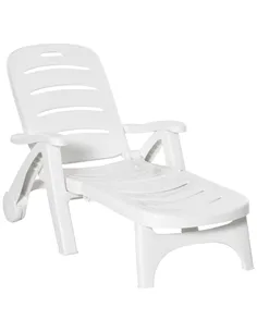 Outsunny Outdoor Folding Sun Lounger Recliner on Wheels w/ 5-Position Backrest, White