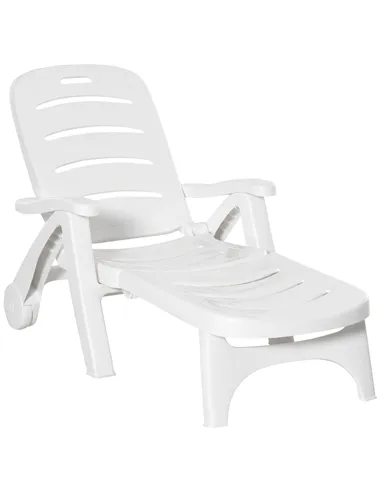 Outsunny Outdoor Folding Sun Lounger Recliner on Wheels w/ 5-Position Backrest, White