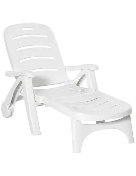 Outsunny Outdoor Folding Sun Lounger Recliner on Wheels w/ 5-Position Backrest, White