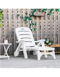 Outsunny Outdoor Folding Sun Lounger Recliner on Wheels w/ 5-Position Backrest, White 2