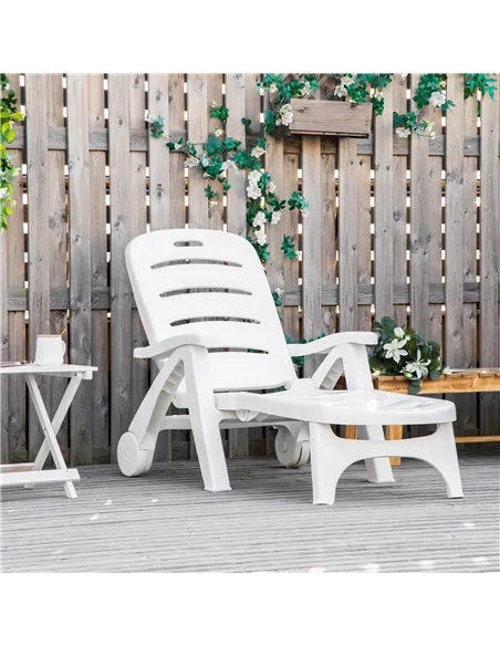 Outsunny Outdoor Folding Sun Lounger Recliner on Wheels w/ 5-Position Backrest, White