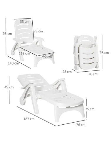 Outsunny Outdoor Folding Sun Lounger Recliner on Wheels w/ 5-Position Backrest, White