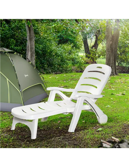 Outsunny Outdoor Folding Sun Lounger Recliner on Wheels w/ 5-Position Backrest, White