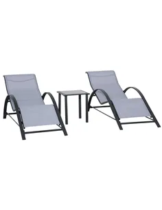 Outsunny 3 Pieces Lounge Chair Set Metal Frame Garden Outdoor Recliner Sunbathing Chair with Table, Light Grey