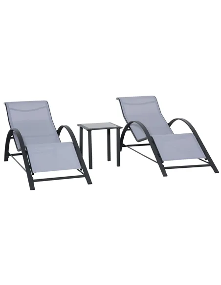 Outsunny 3 Pieces Lounge Chair Set Metal Frame Garden Outdoor Recliner Sunbathing Chair with Table, Light Grey