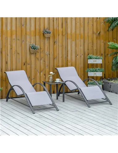 Outsunny 3 Pieces Lounge Chair Set Metal Frame Garden Outdoor Recliner Sunbathing Chair with Table, Light Grey