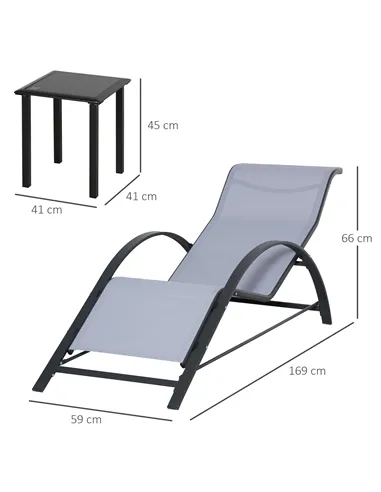 Outsunny 3 Pieces Lounge Chair Set Metal Frame Garden Outdoor Recliner Sunbathing Chair with Table, Light Grey