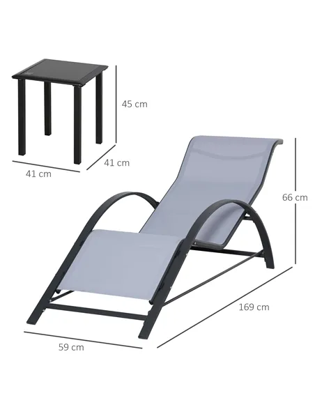 Outsunny 3 Pieces Lounge Chair Set Metal Frame Garden Outdoor Recliner Sunbathing Chair with Table, Light Grey
