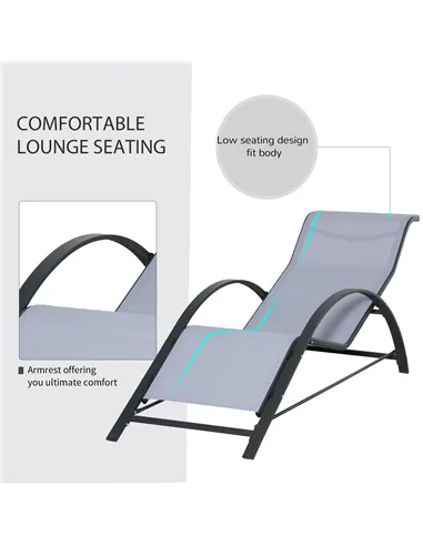 Outsunny 3 Pieces Lounge Chair Set Metal Frame Garden Outdoor Recliner Sunbathing Chair with Table, Light Grey