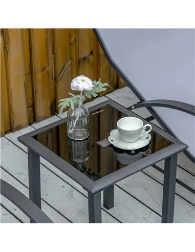 Outsunny 3 Pieces Lounge Chair Set Metal Frame Garden Outdoor Recliner Sunbathing Chair with Table, Light Grey