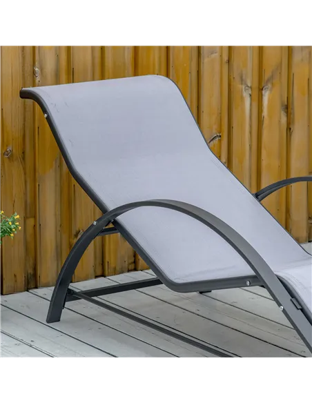 Outsunny 3 Pieces Lounge Chair Set Metal Frame Garden Outdoor Recliner Sunbathing Chair with Table, Light Grey