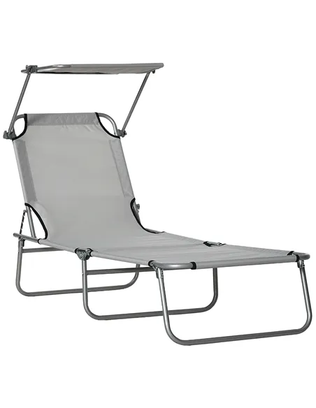 Outsunny Outdoor Foldable Sun Lounger, 4 Level Adjustable Backrest Reclining Sun Lounger Chair with Angle Adjust Sun Shade Awnin