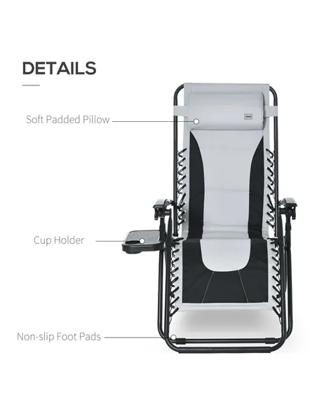 Outsunny Zero Gravity Lounger Chair, Folding Reclining Patio Chair with Padded Seat, Cup Holder, Soft Cushion and Headrest for P