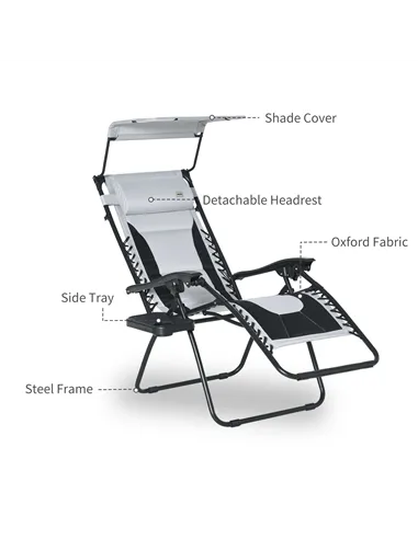 Outsunny Zero Gravity Lounger Chair, Folding Reclining Patio Chair with Shade Cover, Padded Seat, Cup Holder, Soft Cushion and H