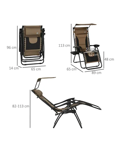 Outsunny Zero Gravity Lounger Chair, Folding Reclining Patio Chair with Shade Cover, Padded Seat, Cup Holder, Soft Cushion and H