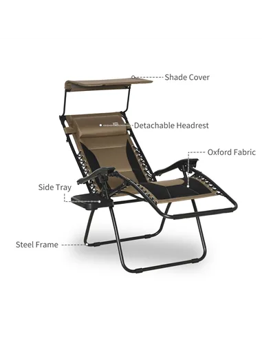 Outsunny Zero Gravity Lounger Chair, Folding Reclining Patio Chair with Shade Cover, Padded Seat, Cup Holder, Soft Cushion and H