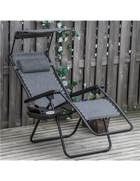 Outsunny Foldable Reclining Garden Chair with Headrest, Zero Gravity Deck Sun Lounger Seat Chair with Footrest, Armrest, Cup Hol