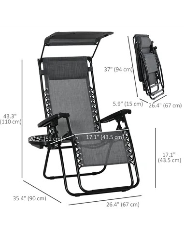 Outsunny Foldable Reclining Garden Chair with Headrest, Zero Gravity Deck Sun Lounger Seat Chair with Footrest, Armrest, Cup Hol
