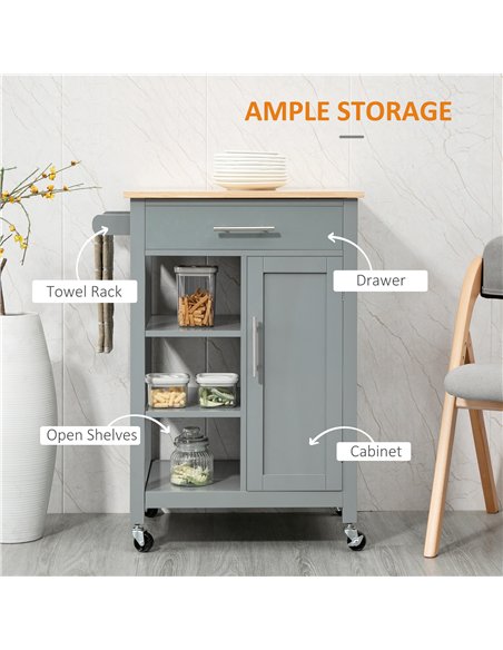 HOMCOM Compact Kitchen Trolley Utility Cart on Wheels with Open Shelf & Storage Drawer for Dining Room, Kitchen, Grey