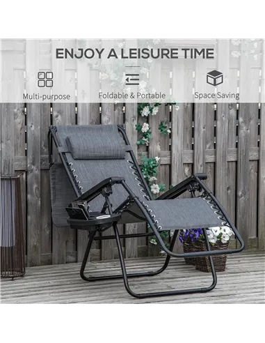 Outsunny Foldable Reclining Garden Chair with Headrest, Zero Gravity Deck Sun Lounger Seat Chair with Footrest, Armrest, Cup Hol