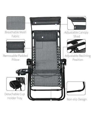 Outsunny Foldable Reclining Garden Chair with Headrest, Zero Gravity Deck Sun Lounger Seat Chair with Footrest, Armrest, Cup Hol