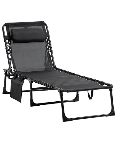 Outsunny Portable Sun Lounger, Folding Camping Bed Cot, Reclining Lounge Chair 5-position Adjustable Backrest with Side Pocket, 