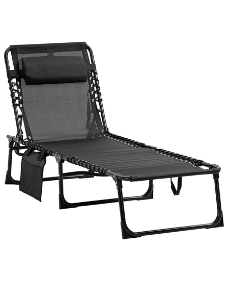 Outsunny Portable Sun Lounger, Folding Camping Bed Cot, Reclining Lounge Chair 5-position Adjustable Backrest with Side Pocket, 