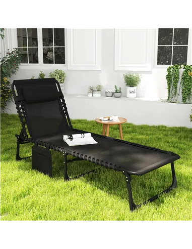 Outsunny Portable Sun Lounger, Folding Camping Bed Cot, Reclining Lounge Chair 5-position Adjustable Backrest with Side Pocket, 