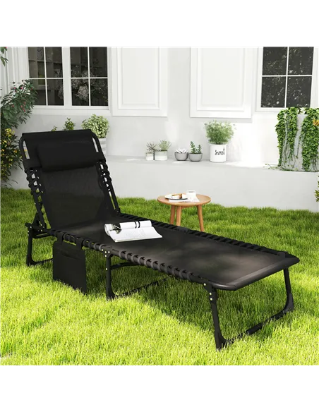 Outsunny Portable Sun Lounger, Folding Camping Bed Cot, Reclining Lounge Chair 5-position Adjustable Backrest with Side Pocket, 