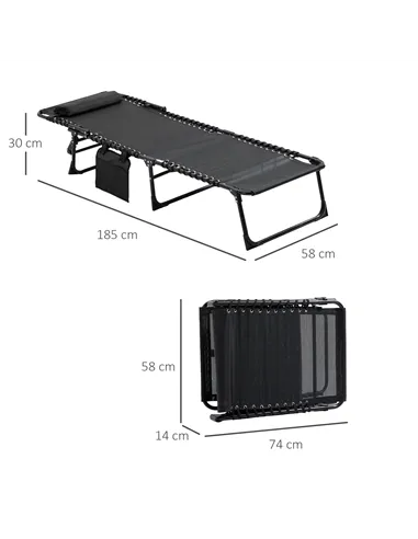 Outsunny Portable Sun Lounger, Folding Camping Bed Cot, Reclining Lounge Chair 5-position Adjustable Backrest with Side Pocket, 