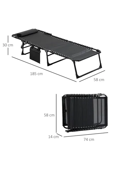 Outsunny Portable Sun Lounger, Folding Camping Bed Cot, Reclining Lounge Chair 5-position Adjustable Backrest with Side Pocket, 
