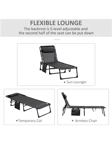 Outsunny Portable Sun Lounger, Folding Camping Bed Cot, Reclining Lounge Chair 5-position Adjustable Backrest with Side Pocket, 