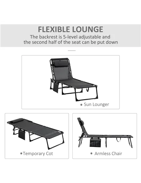 Outsunny Portable Sun Lounger, Folding Camping Bed Cot, Reclining Lounge Chair 5-position Adjustable Backrest with Side Pocket, 