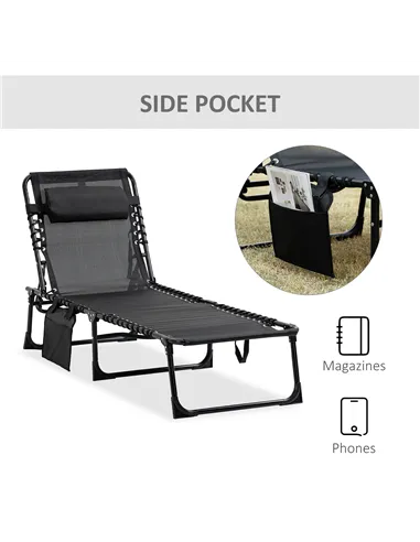 Outsunny Portable Sun Lounger, Folding Camping Bed Cot, Reclining Lounge Chair 5-position Adjustable Backrest with Side Pocket, 